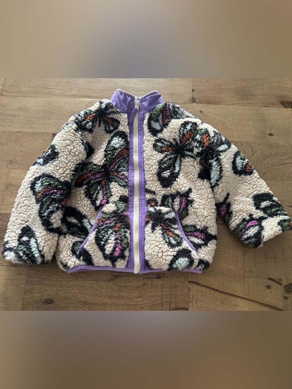 Monkey Bats Kids Cream Sherpa Jacket Purple Trim and Butterfly Print sz 4